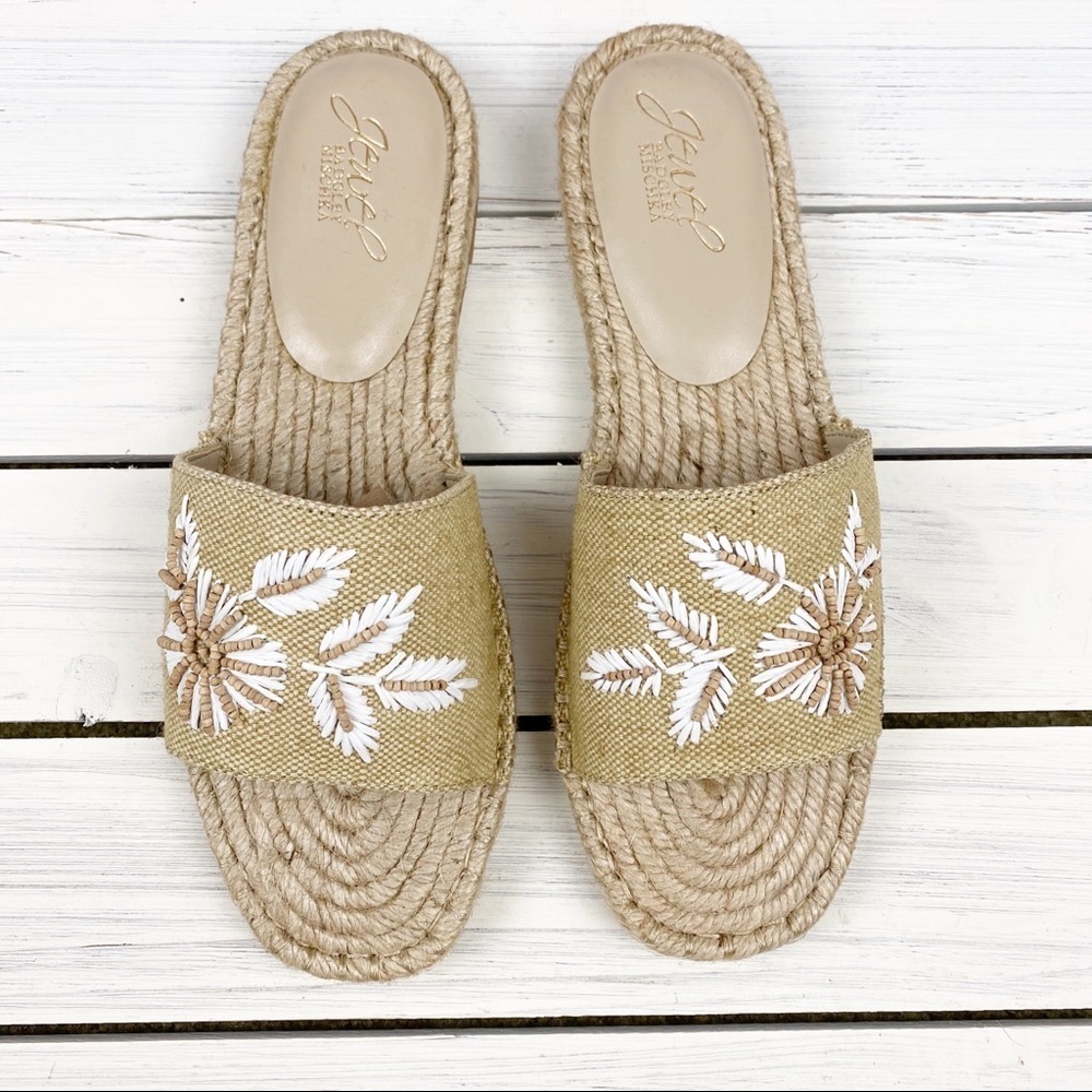NEW Badgley Mischka Jewel Kyrene Espadrille Sandals Beaded Fabric Beige Tan - Picture 2 of 13